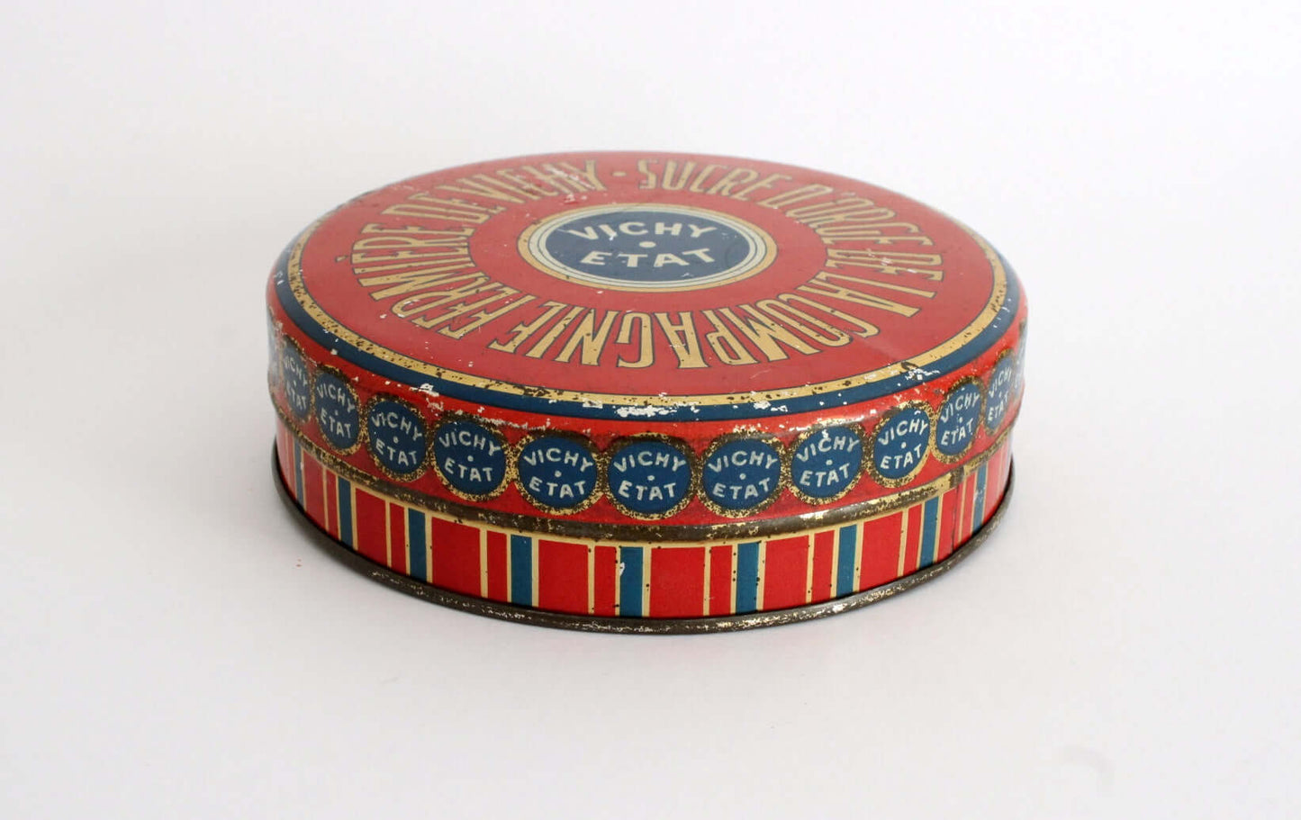 Vintage Boîte en métal ancienne ronde Vichy