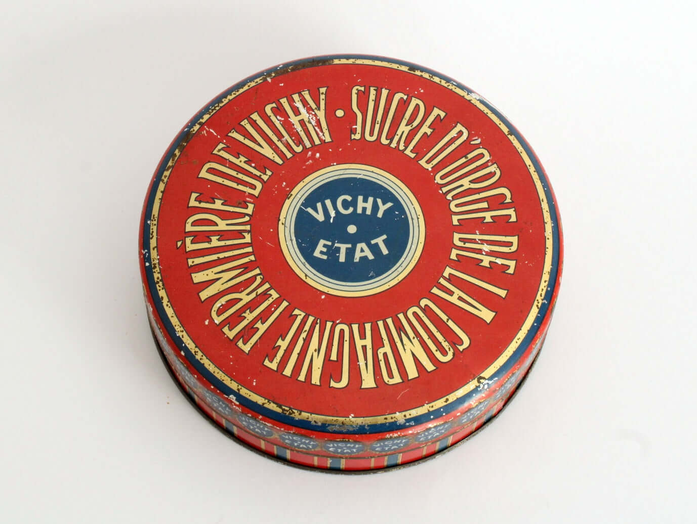 Vintage Boîte en métal ancienne ronde Vichy