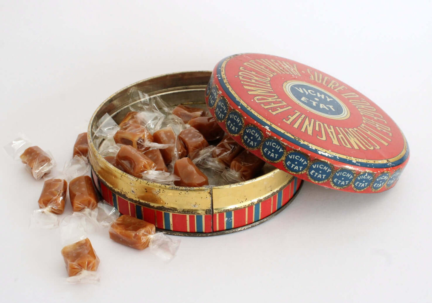 Vintage Boîte en métal ancienne ronde Vichy