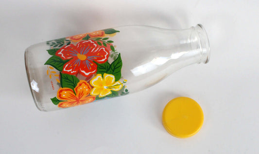 Vintage Bouteille en verre décor fleurs d'hibiscus