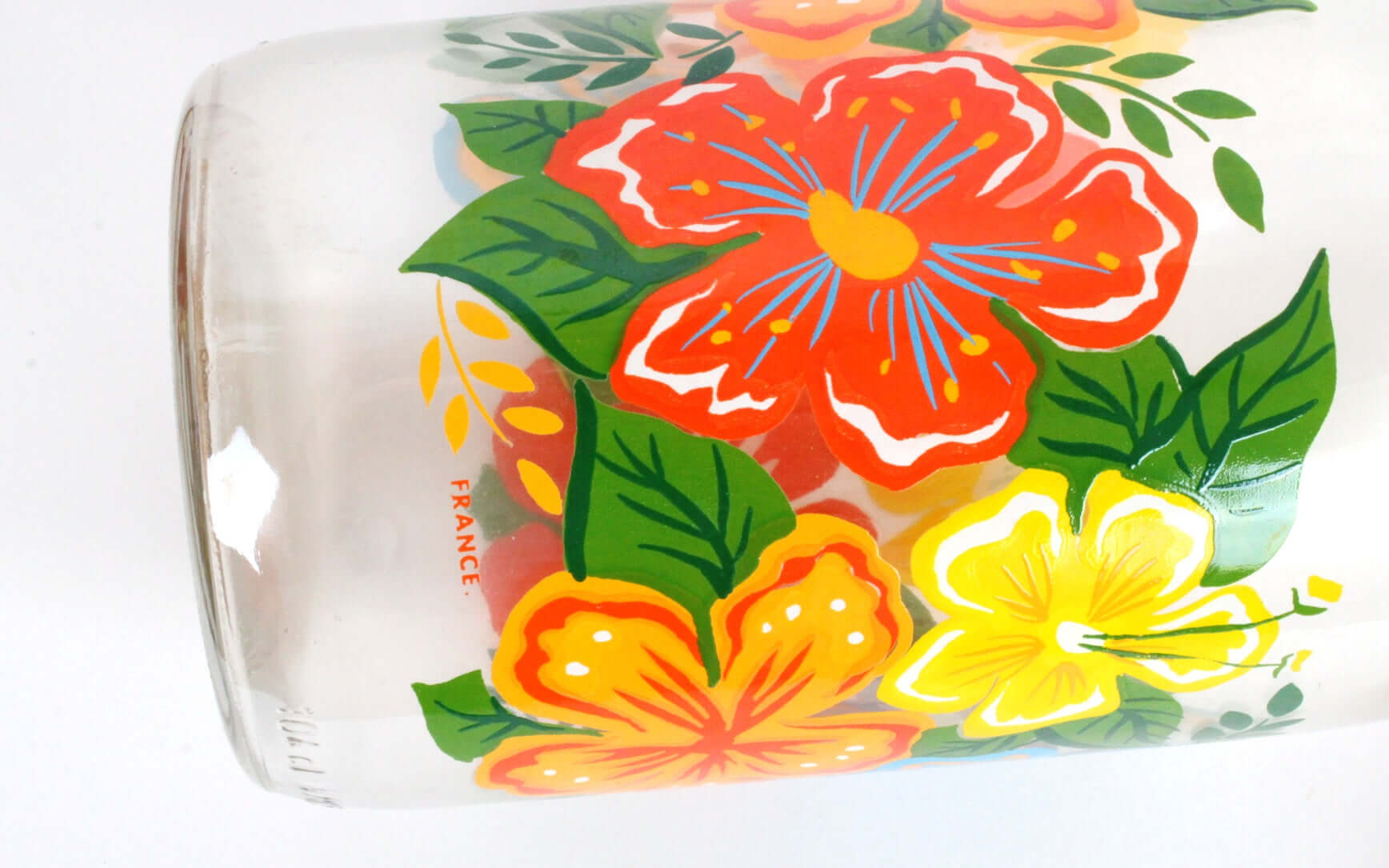 Vintage Bouteille en verre décor fleurs d'hibiscus