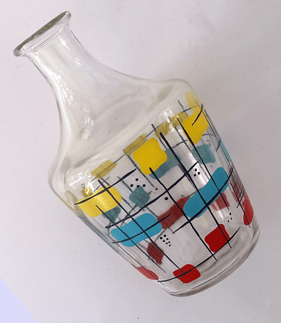 Carafe à Liqueur en Verre Années 50-60 – Décor Géométrique Multicolore avec motifs colorés.
