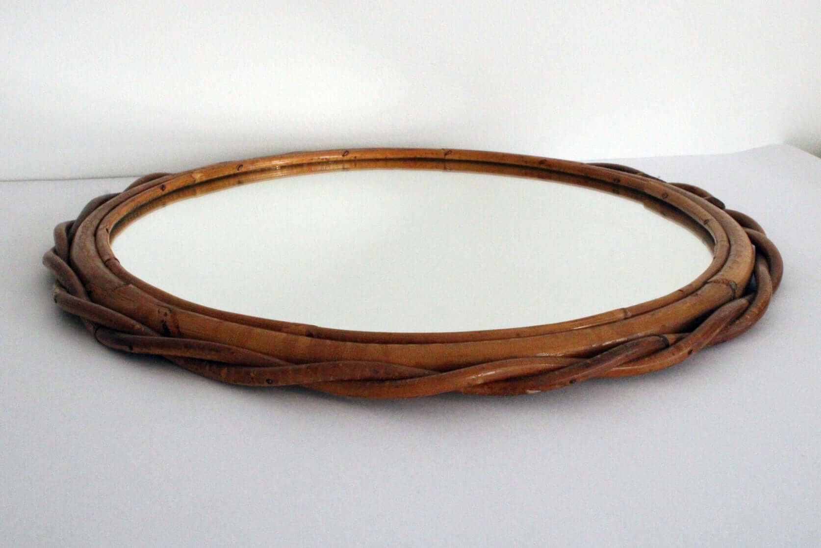 Vintage Miroir rond en rotin torsades