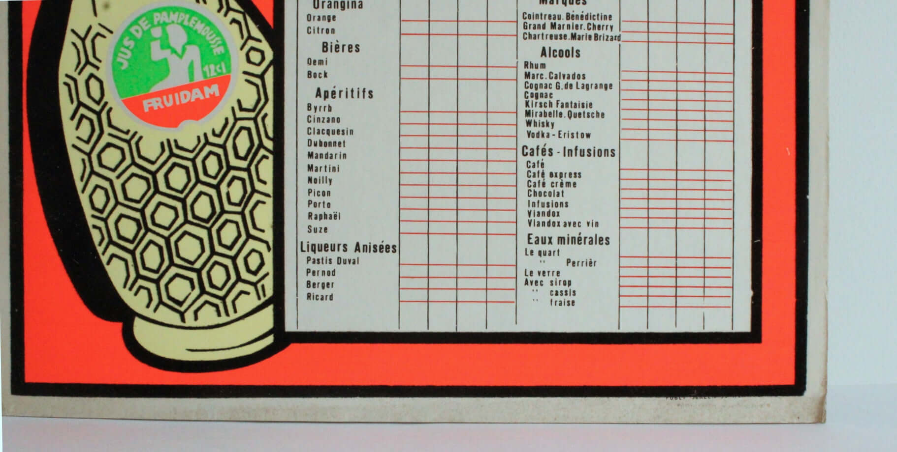 Vintage Panneau de tarif des consommations Fruidam