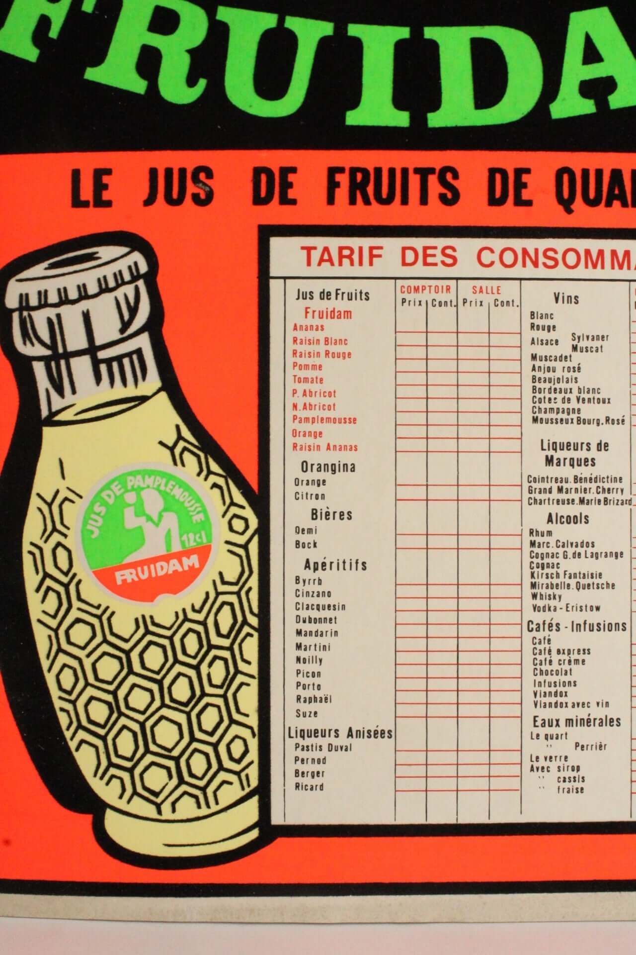 Vintage Panneau de tarif des consommations Fruidam