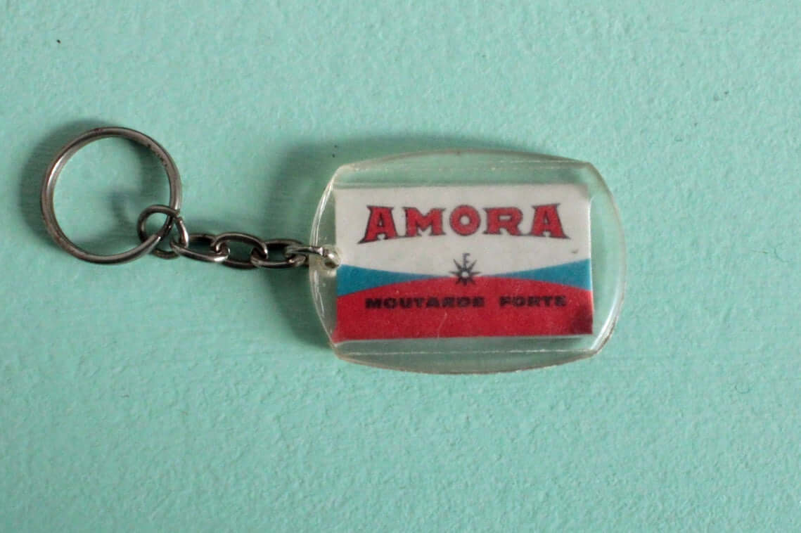 Vintage Porte-clé publicitaire moutarde Amora