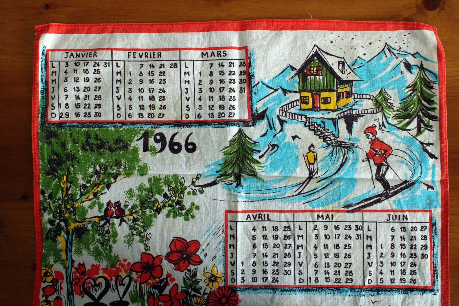 Vintage Torchon calendrier 1966