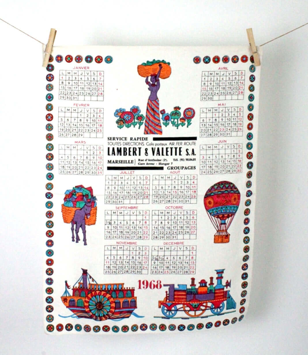 Vintage Torchon calendrier année 1968