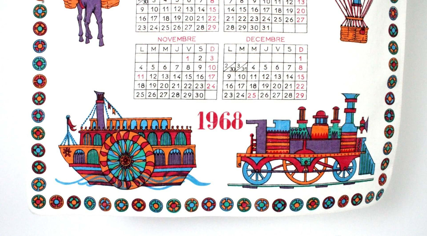 Vintage Torchon calendrier année 1968