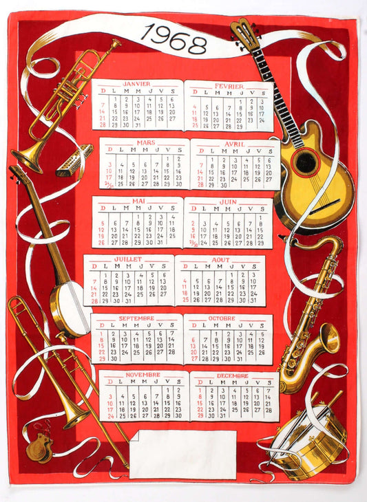 Vintage Torchon calendrier année 1968 thème musique