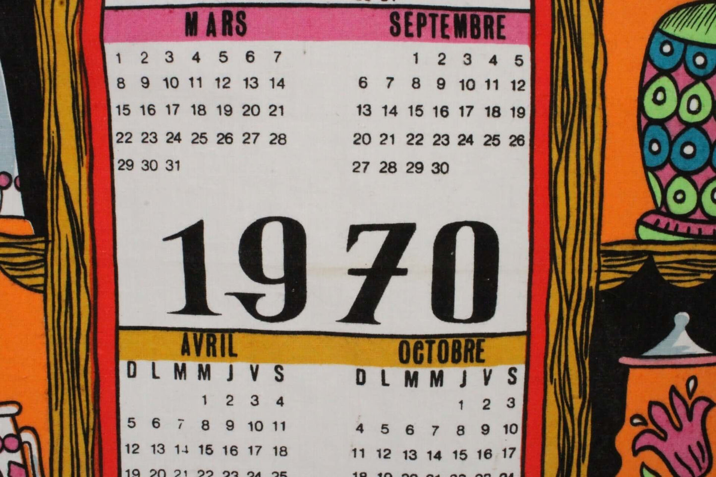 Vintage Torchon calendrier année 1970
