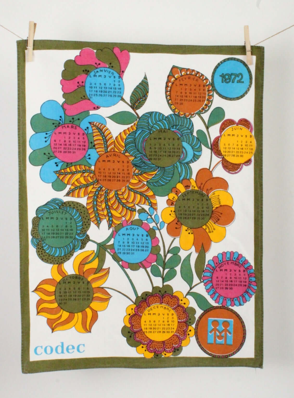 Vintage Torchon calendrier année 1972