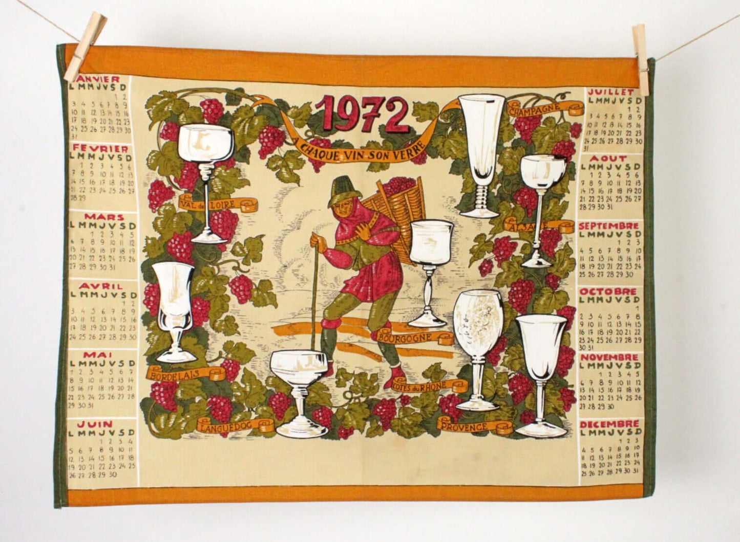 Vintage Torchon calendrier année 1972