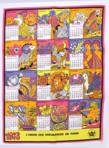 Torchon calendrier 1973 signes astrologiques