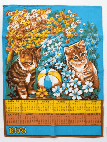 Torchon calendrier vintage 1978 motif chats