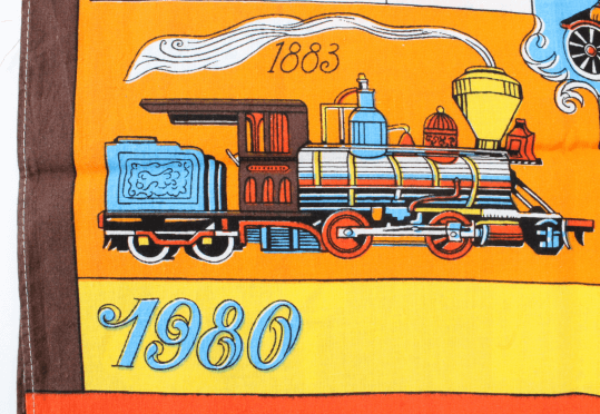 Torchon calendrier vintage 1980 motifs locomotives