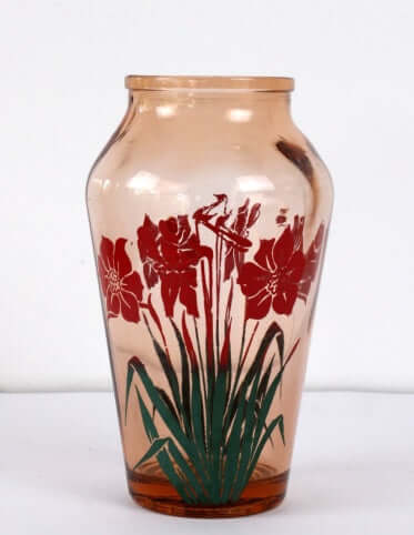 Vase ancien en verre rosé décor floral