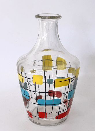 Carafe à Liqueur en Verre Années 50-60 – Décor Géométrique Multicolore avec motifs colorés.