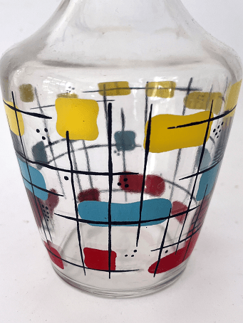 Carafe à Liqueur en Verre Années 50-60 – Décor Géométrique Multicolore avec motifs colorés.