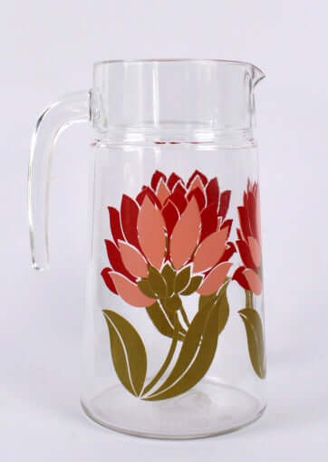 Grande carafe vintage en verre décor magnolias
