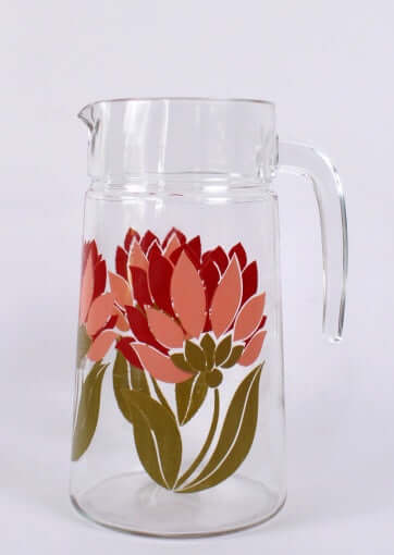 Grande carafe vintage en verre décor magnolias