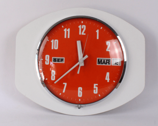 Horloge-Calendrier Vintage – Orange et Blanc (Années 70)
