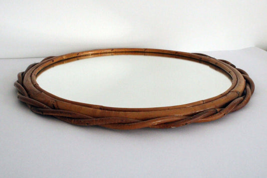Vintage Miroir rond en rotin torsades