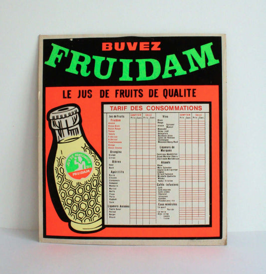 Vintage Panneau de tarif des consommations Fruidam