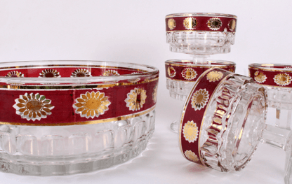 Ensemble saladier et coupes vintages en verre décoré