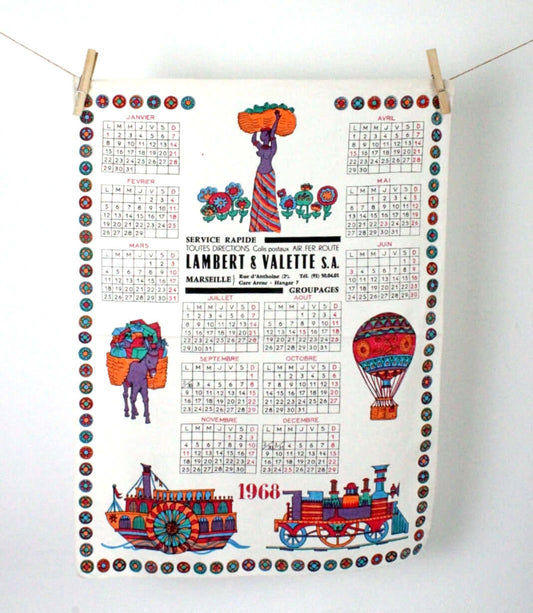 Vintage Torchon calendrier année 1968