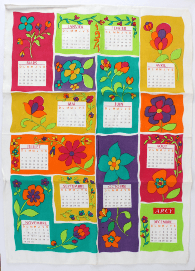 Torchon calendrier 1971 motif floral
