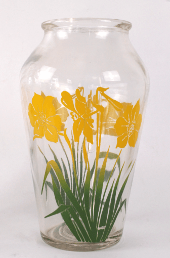 vases vintage années 50 en verre moulé, motif de fleurs jaunes sérigraphiées, style Mid-Century